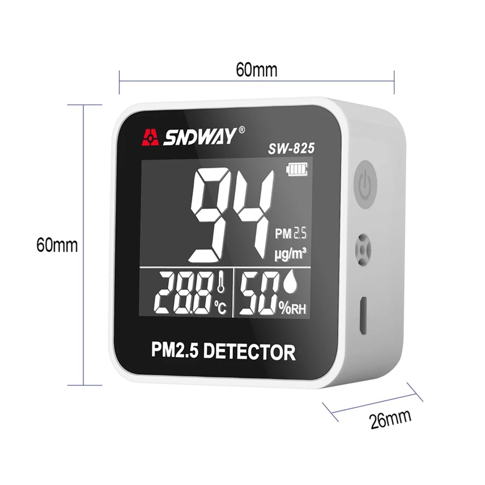 SW-825 Digital PM2.5 Detector 0-500 ugm³ Mini Portable Temperature Humidity Meter Laser Sensor Air Quality Monitor SW-825 Digital PM2.5 Detector 0-500 ugm³ Mini Portable Temperature Humidity Meter Laser Sensor Air Quality Monitor